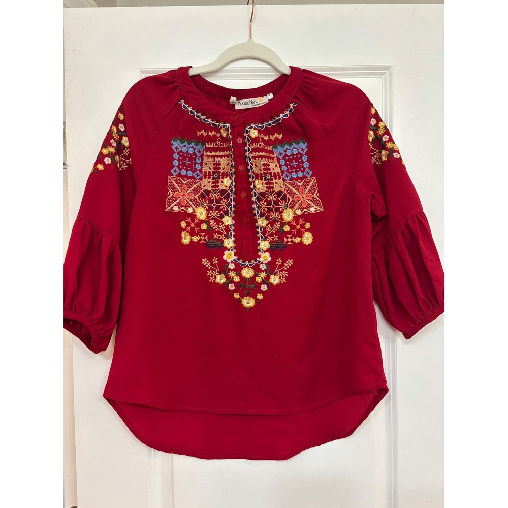 Red Embroidered Boho Blouse Puff Sleeve Small Available by Angela Fashion
